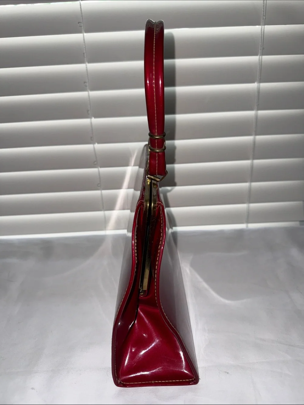 Vintage 50s 60s Red Smooth Top Handle Structured Purse